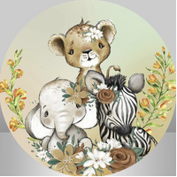 ANIMALS FLOWERS ZEBRA ELEPHANT LIONESS PARTY SUPPLIES ROUND BIRTHDAY PERSONALISED BANNER BACKDROP DECORATION