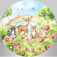 FAIRY FOREST ANIMALS FLOWERS RACOON DEAR RAINBOW BUTTERFLIES PARTY SUPPLIES ROUND BIRTHDAY PERSONALISED BANNER BACKDROP DECORATION