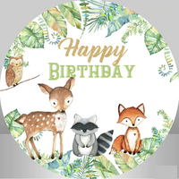 ANIMALS DEER RACOON OWL FOX PARTY SUPPLIES ROUND BIRTHDAY PERSONALISED BANNER BACKDROP DECORATION