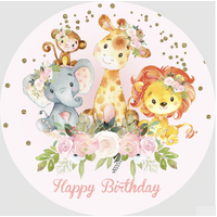 PINK ANIMALS GLITTER ROSES LION MONKEY PARTY SUPPLIES ROUND BIRTHDAY PERSONALISED BANNER BACKDROP DECORATION