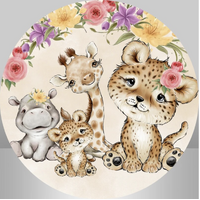 ANIMALS FLOWERS LIONESS HIPPO GIRAFFE PARTY SUPPLIES ROUND BIRTHDAY PERSONALISED BANNER BACKDROP DECORATION