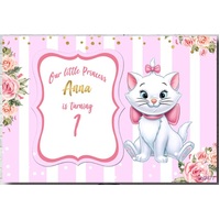 ARISTOCAT MARIE CAT PINK STRIPES PERSONALISED BIRTHDAY PARTY SUPPLIES BANNER BACKDROP DECORATION