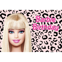 BARBIE LEOPARD PRINT PERSONALISED BIRTHDAY PARTY SUPPLIES BANNER BACKDROP DECORATION