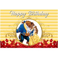 BEAUTY AND THE BEAST STRIPED PERSONALISED BIRTHDAY PARTY SUPPLIES BANNER BACKDROP DECORATION