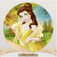 BEAUTY BEAST PRINCESS BELLE YELLOW DISNEY PARTY SUPPLIES ROUND BIRTHDAY PERSONALISED BANNER BACKDROP DECORATION