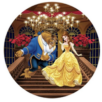 DISNEY BEAUTY BEAST BELLE STAIRCASE ROSES PARTY SUPPLIES ROUND BIRTHDAY PERSONALISED BANNER BACKDROP DECORATION