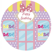 BOWS SHOPPING POLKADOTS PURPLE YELLOW TEAL PARTY SUPPLIES ROUND BIRTHDAY PERSONALISED BANNER BACKDROP DECORATION