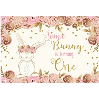 BUNNY PINK & GOLD PERSONALISED 1ST BIRTHDAY PARTY SUPPLIES BANNER BACKDROP DECORATION