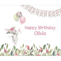 BUNNY RABBIT PINK FLOWERS GARDEN BALLOONS PERSONALISED BIRTHDAY PARTY SUPPLIES BANNER BACKDROP DECORATION