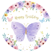 BUTTERFLY GLITTER FLOWERS PURPLE PINK BLUE PARTY SUPPLIES ROUND BIRTHDAY PERSONALISED BANNER BACKDROP DECORATION