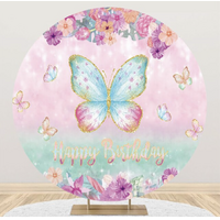 BUTTERFLY FLOWERS GLITTER STARS PINK BLUE GREEN PARTY SUPPLIES ROUND BIRTHDAY PERSONALISED BANNER BACKDROP DECORATION
