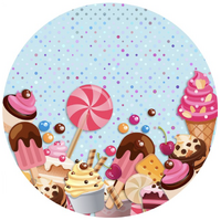 CANDY LOLLIES ICE CREAM CUPCAKES FOOD CHEERY PARTY SUPPLIES ROUND BIRTHDAY PERSONALISED BANNER BACKDROP DECORATION