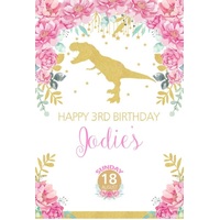 DINOSAUR GIRLS PINK GOLD GLITTER PERSONALISED BIRTHDAY PARTY BANNER BACKDROP BACKGROUND