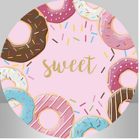 DOUGHNUTS DONUTS ICING SPRINKLES CHOCOLATE STRAWBERRY PARTY SUPPLIES ROUND BIRTHDAY PERSONALISED BANNER BACKDROP DECORATION