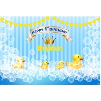 YELLOW RUBBER DUCK BUBBLES PERSONALISED FIRST BIRTHDAY PARTY SUPPLIES BANNER BACKDROP DECORATION