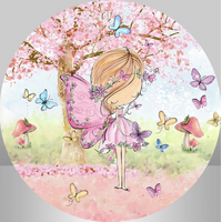 FAIRY FOREST CHERRY BLOSSOMS BUTTERFLY MAGIC PINK PARTY SUPPLIES ROUND BIRTHDAY PERSONALISED BANNER BACKDROP DECORATION