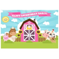 FARM BARN ANIMAL COW SHEEP PIG PINK GIRL PERSONALISED BIRTHDAY PARTY BANNER BACKDROP