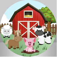 FARMHOUSE ANIMALS COW PIG SHEEP HORSE PARTY SUPPLIES ROUND BIRTHDAY PERSONALISED BANNER BACKDROP DECORATION