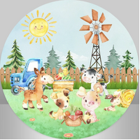 FARMHOUSE BABY ANIMALS TRACTOR COW PIG BUNNY PARTY SUPPLIES ROUND BIRTHDAY PERSONALISED BANNER BACKDROP DECORATION