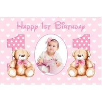 PINK TEDDY BEAR PERSONALISED 1ST BIRTHDAY PARTY SUPPLIES BANNER BACKDROP DECORATION