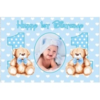 BLUE TEDDY BEARS PERSONALISED FIRST BIRTHDAY PARTY SUPPLIES BANNER BACKDROP DECORATION