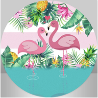 FLAMINGO LAKE JUNGLE ANIMALS LEAVES PINK BIRDS PARTY SUPPLIES ROUND BIRTHDAY PERSONALISED BANNER BACKDROP DECORATION