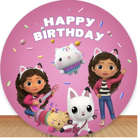 GABBY'S DOLLHOUSE PANDY PAWS CAKEY CAT SPRINKLES PARTY SUPPLIES ROUND BIRTHDAY PERSONALISED BANNER BACKDROP DECORATION
