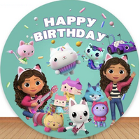 GABBY'S DOLLHOUSE PANDY PAWS CAKEY CAT MERCAT CARLITA PARTY SUPPLIES ROUND BIRTHDAY PERSONALISED BANNER BACKDROP DECORATION