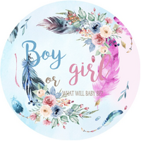 GENDER REVEAL BABY SHOWER BOY GIRL FLOWERS FEATHERS PARTY SUPPLIES ROUND BIRTHDAY PERSONALISED BANNER BACKDROP DECORATION