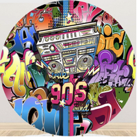 GRAFFITI RADIO 90'S 80'S THEME MUSIC PARTY SUPPLIES ROUND BIRTHDAY PERSONALISED BANNER BACKDROP DECORATION