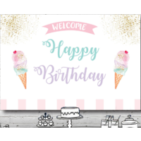 ICE CREAM GIRL PINK GOLD PERSONALISED BIRTHDAY PARTY BANNER BACKDROP BACKGROUND
