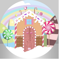 GINGERBREAD HOUSE SWEETS LOLLYPOP RAINBOW PARTY SUPPLIES ROUND BIRTHDAY PERSONALISED BANNER BACKDROP DECORATION