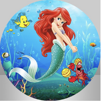 DISNEY LITTLE MERMAID ARIEL UNDER THE SEA FLOUNDER PARTY SUPPLIES ROUND BIRTHDAY PERSONALISED BANNER BACKDROP DECORATION