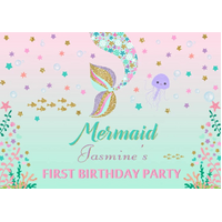MERMAID SEA FISH TAIL PERSONALISED BIRTHDAY PARTY SUPPLIES BANNER BACKDROP DECORATION