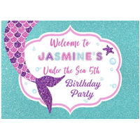 MERMAID TAIL PERSONALISED BIRTHDAY PARTY SUPPLIES BANNER BACKDROP DECORATION