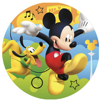 MICKEY MOUSE PLUTO DANCING MUSIC BLUE GREEN ORANGE PARTY SUPPLIES ROUND BIRTHDAY PERSONALISED BANNER BACKDROP DECORATION
