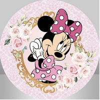 DISNEY MINNIE MOUSE MICKEY ROSES BOWS PINK GOLD PARTY SUPPLIES ROUND BIRTHDAY PERSONALISED BANNER BACKDROP DECORATION