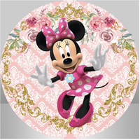 DISNEY MINNIE MOUSE ROSES FLOWERS PINK POLKADOTS PARTY SUPPLIES ROUND BIRTHDAY PERSONALISED BANNER BACKDROP DECORATION