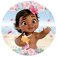 DISNEY BABY MOANA SEA SHELLS OCEAN FLOWERS BEACH PARTY SUPPLIES ROUND BIRTHDAY PERSONALISED BANNER BACKDROP DECORATION