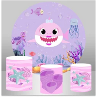 BABY SHARK OCEAN UNDERWATER PINK PURPLE ROUND PLINTH COVERS PARTY DECORATION CYLINDERS STANDS PEDESTALS