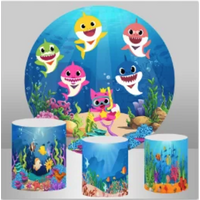BABY SHARK UNDER THE SEA SCUBA PERSONALISED CUSTOM ROUND PLINTH COVERS PARTY DECORATION CYLINDERS STANDS PEDESTALS