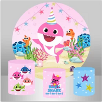 BABY SHARK PINK BIRTHDAY BUNTING PERSONALISED CUSTOM ROUND PLINTH COVERS PARTY DECORATION CYLINDERS STANDS PEDESTALS