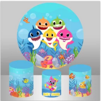 BABY SHARK UNDERWATER OCEAN FISH PERSONALISED CUSTOM ROUND PLINTH COVERS PARTY DECORATION CYLINDERS STANDS PEDESTALS