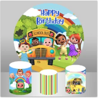 COCOMELON SCHOOL BUS RAINBOW PERSONALISED CUSTOM ROUND PLINTH COVERS PARTY DECORATION CYLINDERS STANDS PEDESTALS