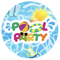 POOL PARTY SUPPLIES SUN FLOATS SURF SPLASH THONGS ROUND BIRTHDAY PERSONALISED BANNER BACKDROP DECORATION