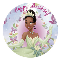 DISNEY THE PRINCESS AND THE FROG TIANA BUTTERFLY FLOWER PARTY SUPPLIES ROUND BIRTHDAY PERSONALISED BANNER BACKDROP DECORATION
