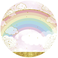 RAINBOW GOLD GLITTER SKY CLOUDS RED YELLOW BLUE GREEN PARTY SUPPLIES ROUND BIRTHDAY PERSONALISED BANNER BACKDROP DECORATION