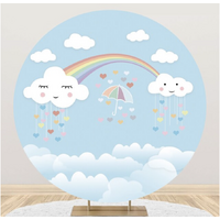 RAINBOW SKY CLOUDS UMBRELLA HEARTS PARTY SUPPLIES ROUND BIRTHDAY PERSONALISED BANNER BACKDROP DECORATION