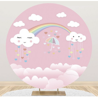 RAINBOW CLOUDS HEARTS PINK UMBRELLA PARTY SUPPLIES ROUND BIRTHDAY PERSONALISED BANNER BACKDROP DECORATION