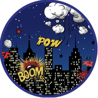 SUPERHERO COMIC BOOK BOOM POW CITY FIGHT ACTION SCENE PARTY SUPPLIES ROUND BIRTHDAY PERSONALISED BANNER BACKDROP DECORATION